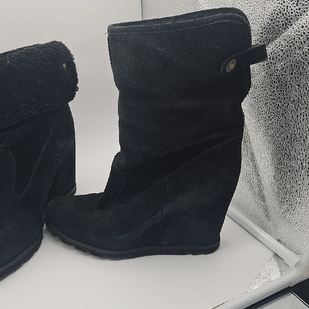 UGG Black Suede Wedge Boots with Fold-Over Faux Fur Cuff